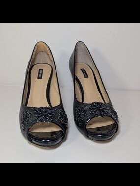 Alex Marie Lauren Peep Toe Pumps Navy Blue Sparkle Beaded Heels Women’s Size 7.5